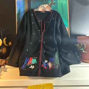Embroidered Black Fleece Zip Up Sweater Winter Colorful Accents XXXL